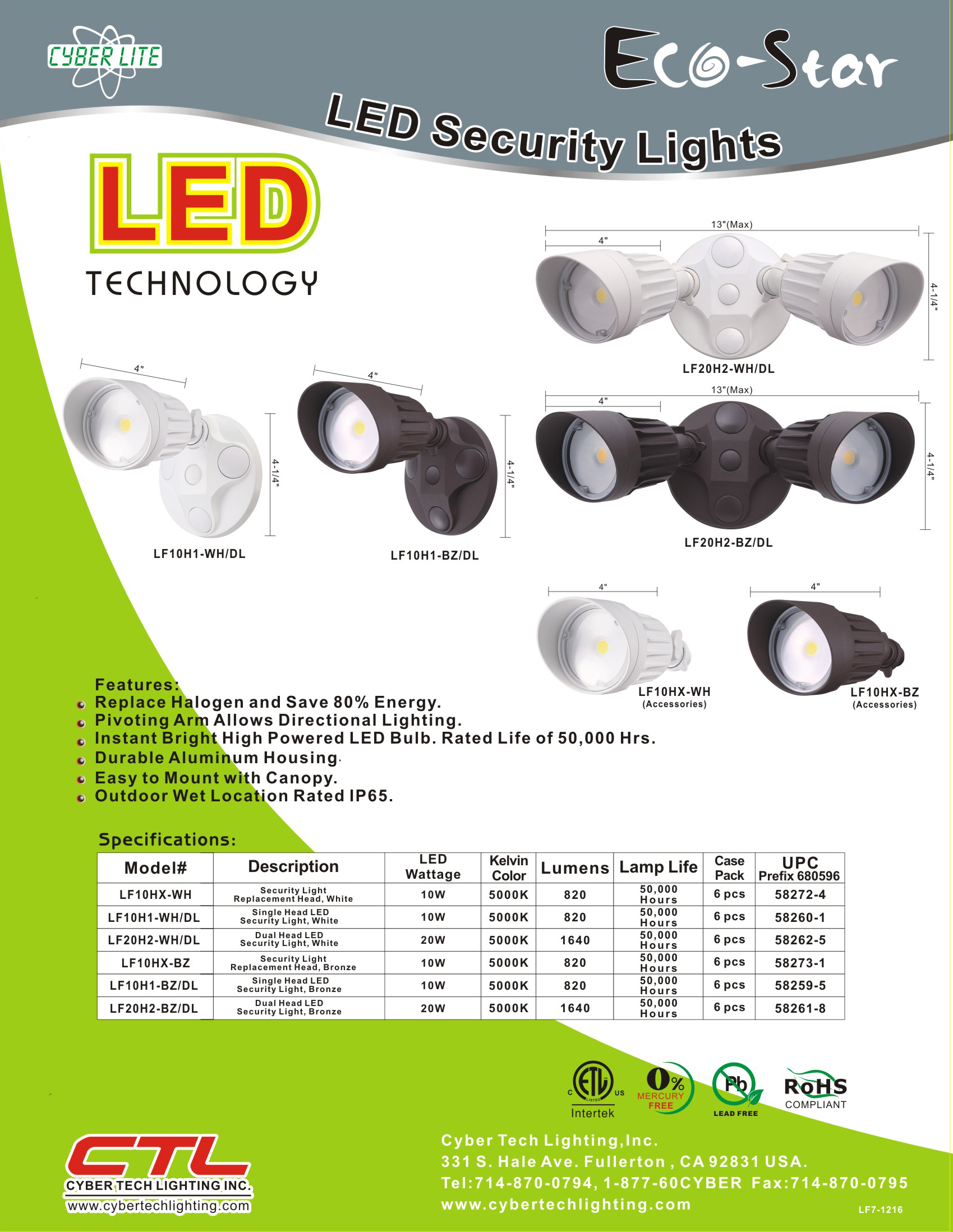Lf10h1 Bz Single Head Led Security Light Cyber Tech Lighting Pdf Catalog